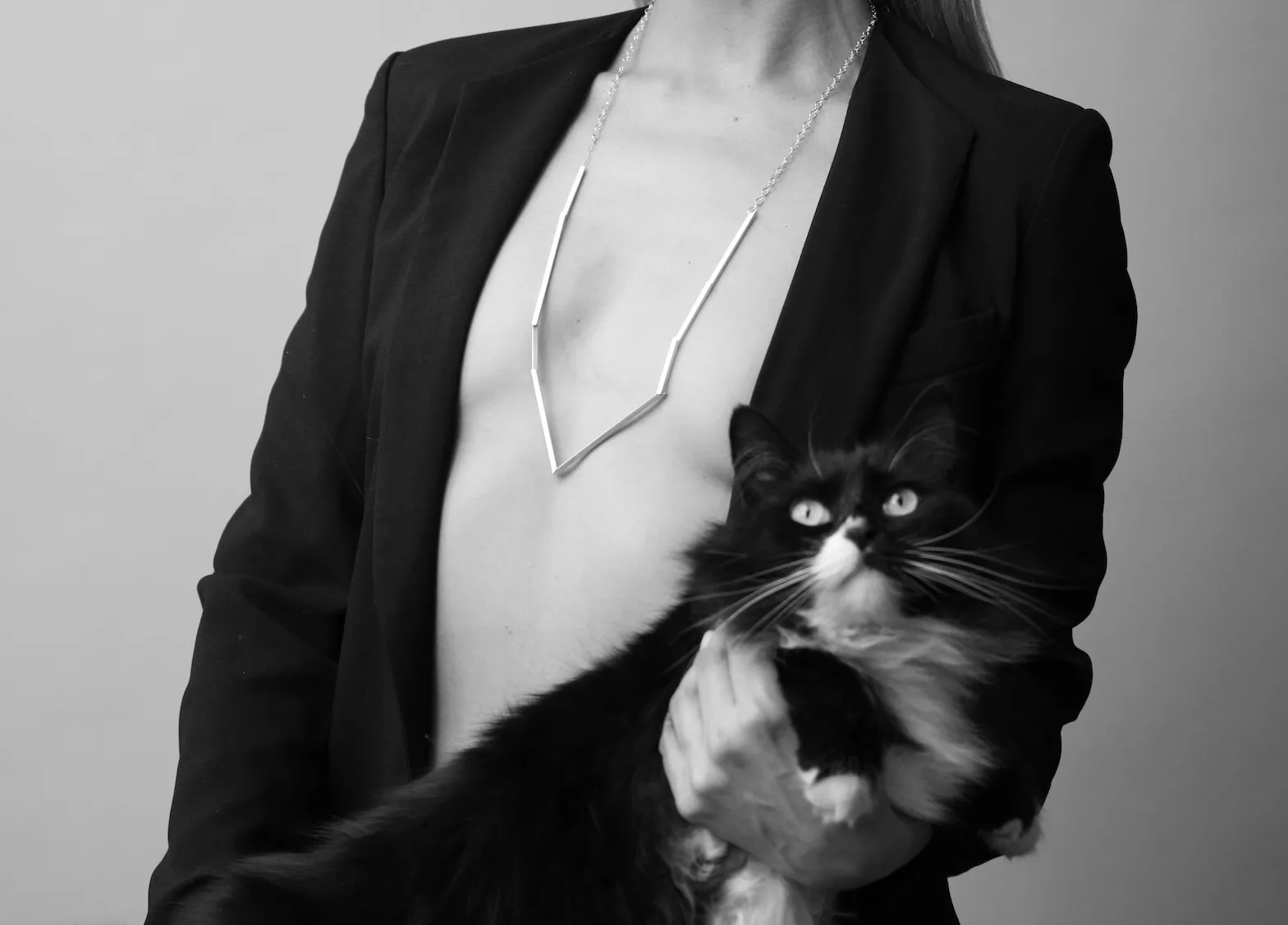 Person in a black blazer cradling a long-haired cat, geometric silver necklace visible