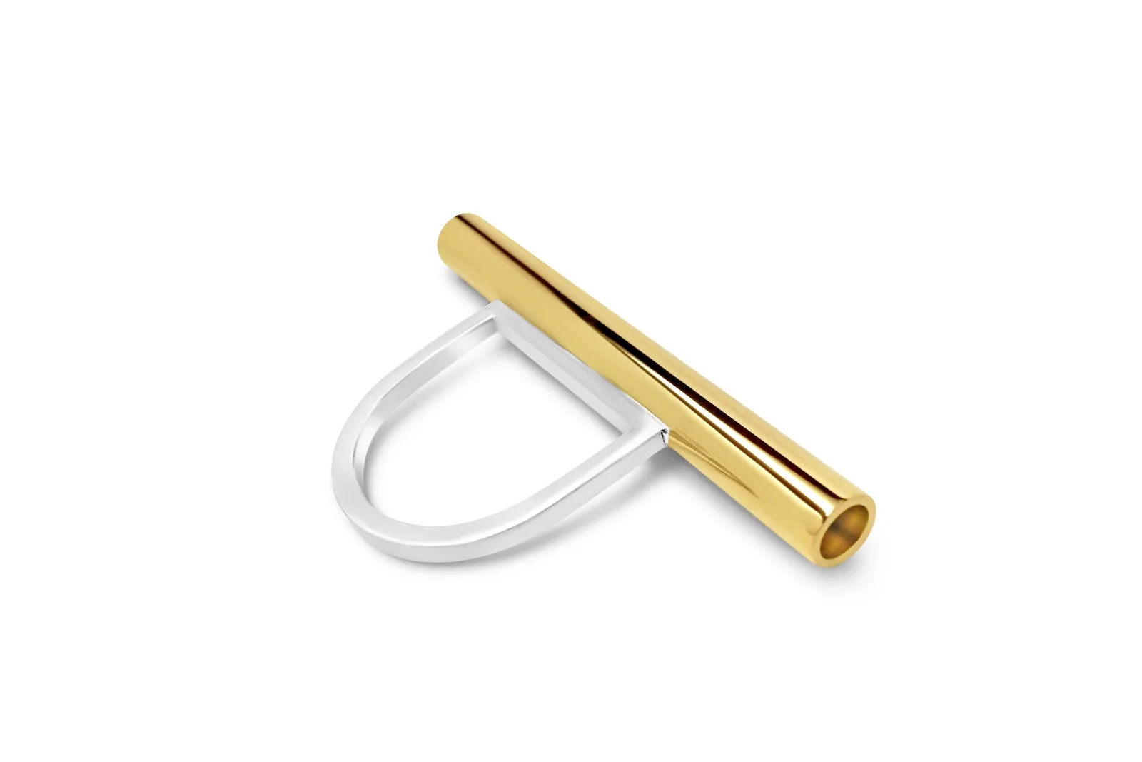 Sterling silver ring with a long gold tube